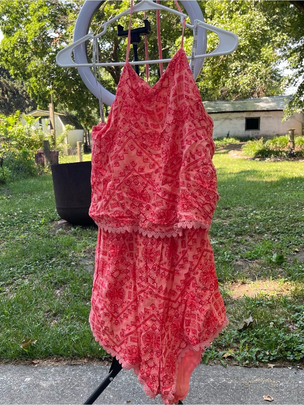 Guess Halter Coral Pink Printed Lace-Trim Romper Size Small